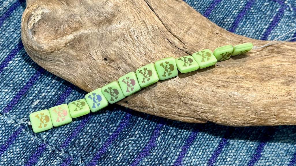 Czech Glass Strand - Square - Satin Matte Lime Green Bead with Laser Etched Skull & Crossbones - 10mm - 12 Beads