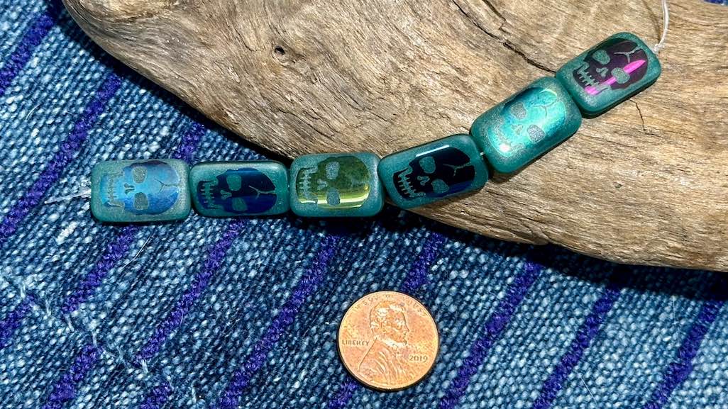 Czech Glass Strand - Rectangle - Translucent Emerald Bead with Laser Etched Metallic Iris Skull - 18mm x 12mm - 6 Beads