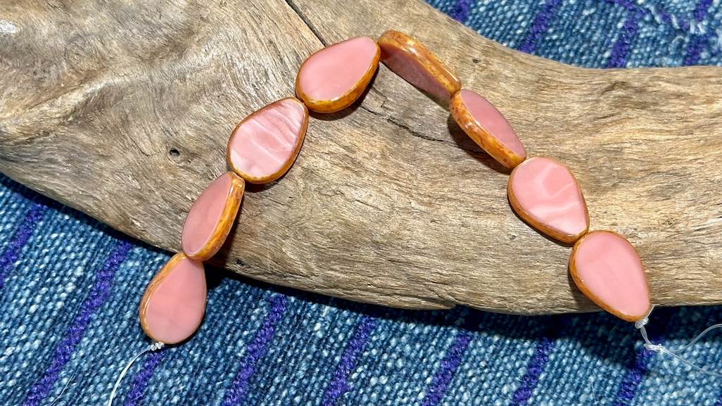 Czech Glass Strand - Table Cut Drop - Opaque Pink Alabaster Bead with Travertine Edge - 18mm x 12mm - 8 Beads