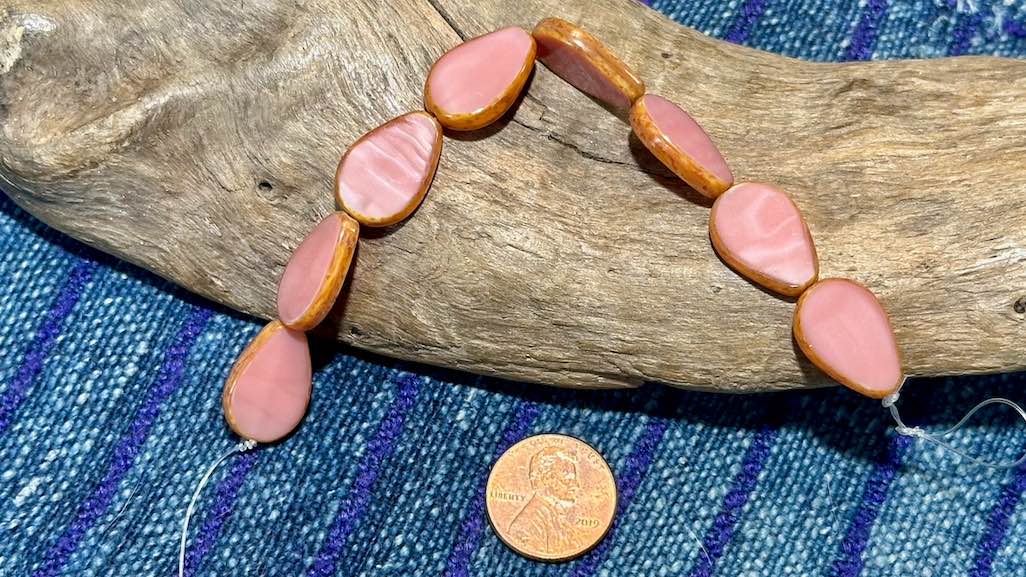 Czech Glass Strand - Table Cut Drop - Opaque Pink Alabaster Bead with Travertine Edge - 18mm x 12mm - 8 Beads