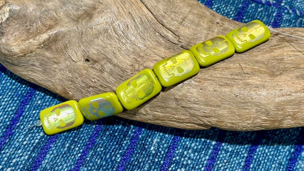 Czech Glass Strand - Rectangle - Opaque Olive Bead with Laser Etched AB Skull - 18mm x 12mm - 6 Beads