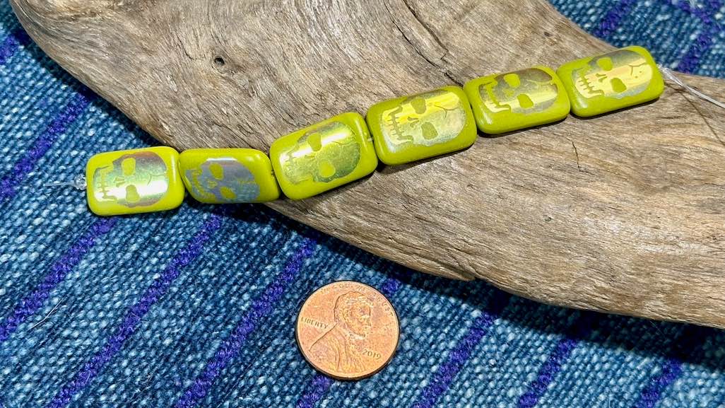 Czech Glass Strand - Rectangle - Opaque Olive Bead with Laser Etched AB Skull - 18mm x 12mm - 6 Beads