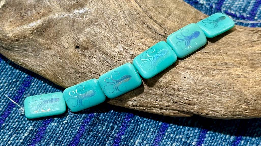 Czech Glass Strand - Rectangle - Opaque Turquoise Bead with Laser Etched AB Octopus - 18mm x 12mm - 6 Beads