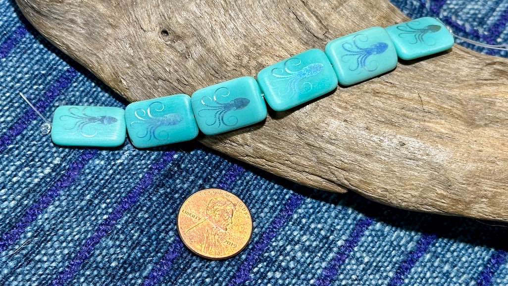 Czech Glass Strand - Rectangle - Opaque Turquoise Bead with Laser Etched AB Octopus - 18mm x 12mm - 6 Beads