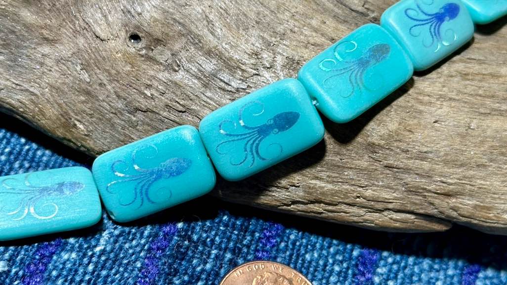 Czech Glass Strand - Rectangle - Opaque Turquoise Bead with Laser Etched AB Octopus - 18mm x 12mm - 6 Beads