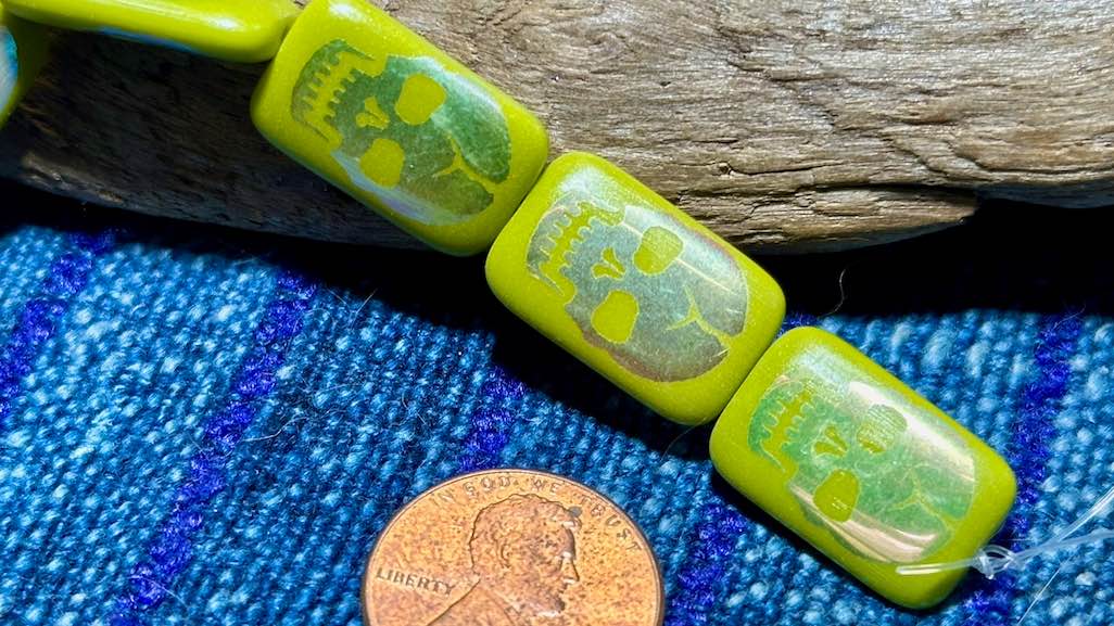 Czech Glass Strand - Rectangle - Opaque Olive Bead with Laser Etched AB Skull - 18mm x 12mm - 6 Beads