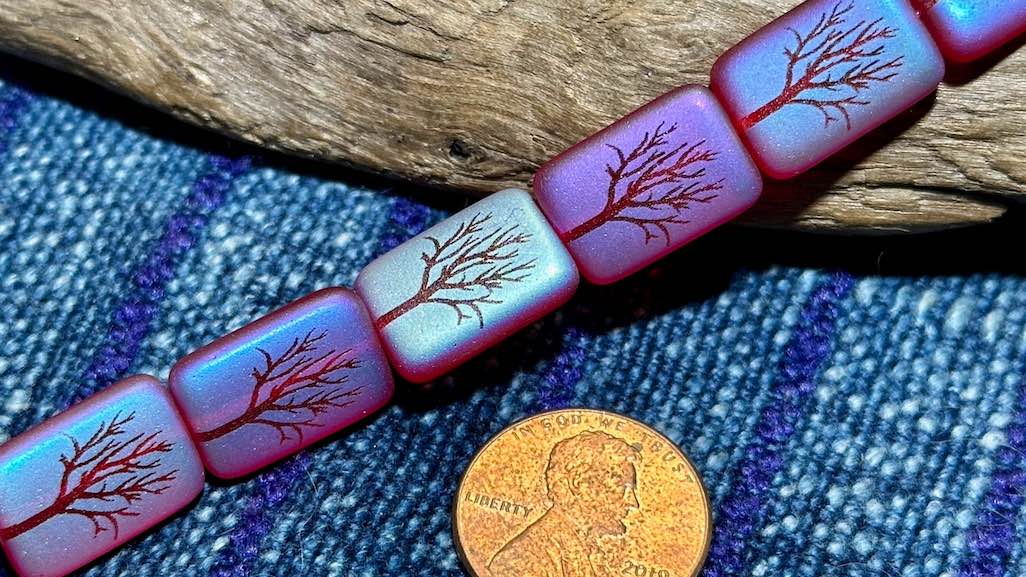 Czech Glass Strand - Rectangle - Transparent Satin Matte Pomegranate Bead with Laser Etched AB Winter Tree - 15mm x 11mm - 8 Beads