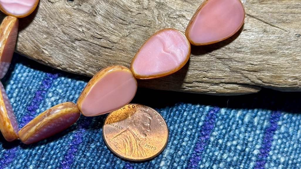 Czech Glass Strand - Table Cut Drop - Opaque Pink Alabaster Bead with Travertine Edge - 18mm x 12mm - 8 Beads