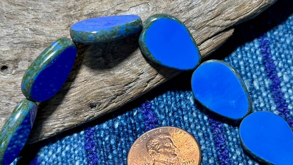 Czech Glass Strand - Table Cut Drop - Opaque Aqua Blue Bead with Travertine Edge - 18mm x 12mm - 8 Beads