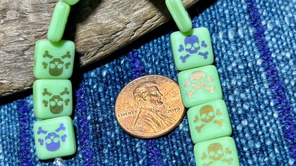 Czech Glass Strand - Square - Satin Matte Lime Green Bead with Laser Etched Skull & Crossbones - 10mm - 12 Beads