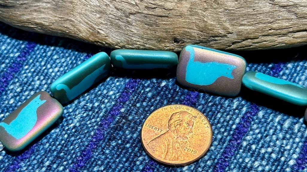 Czech Glass - Rectangle Opaque Satin Matte Turquoise Bead with Laser Etched Cat - 18mm x 12mm - 6 Beads