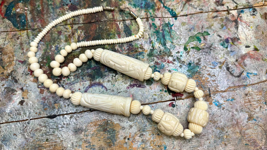 Vintage Carved Bone Necklace - 24"