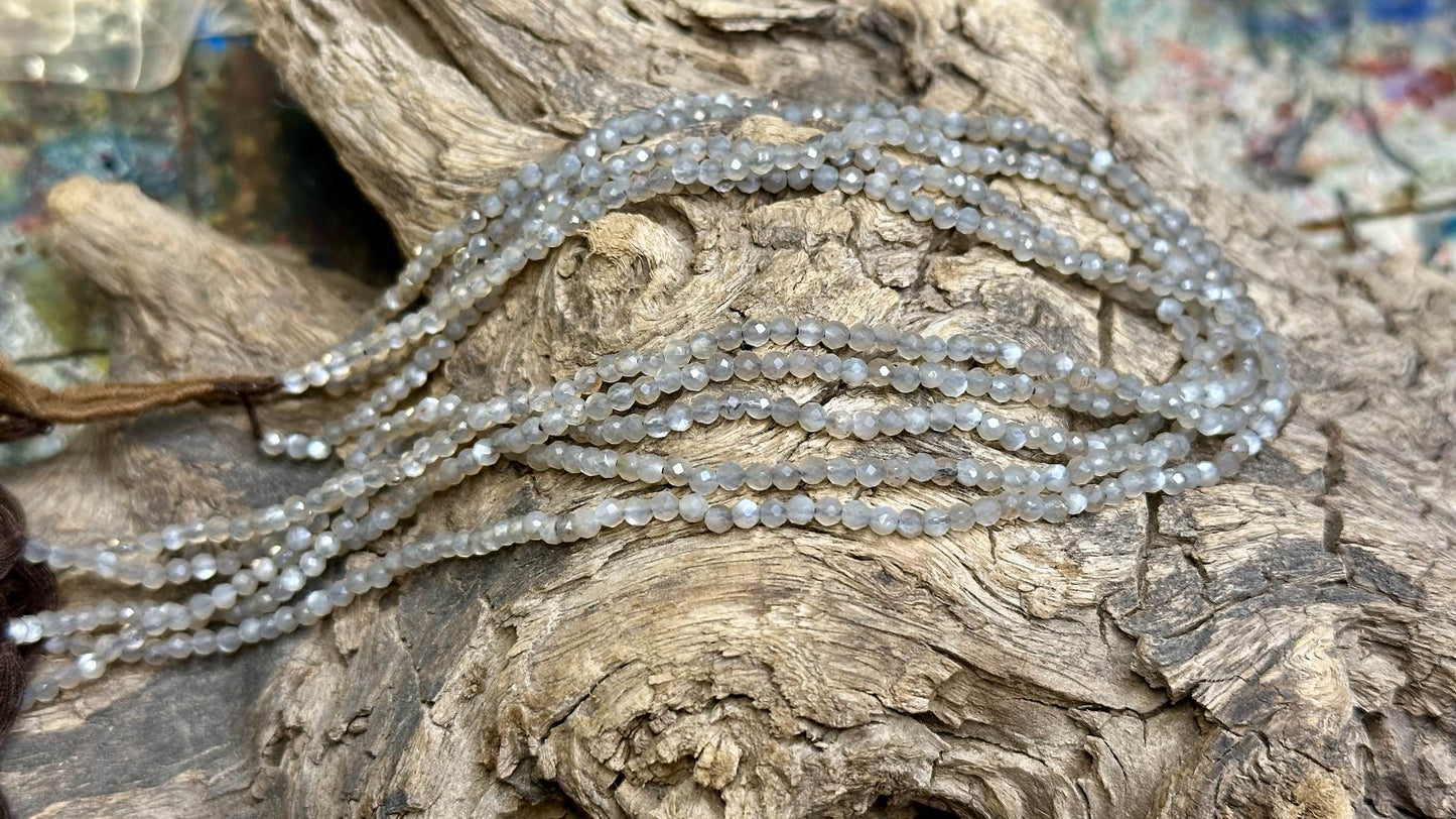 Grey Moonstone Bead Strand - Faceted Rounds - 3mm - 12.5”