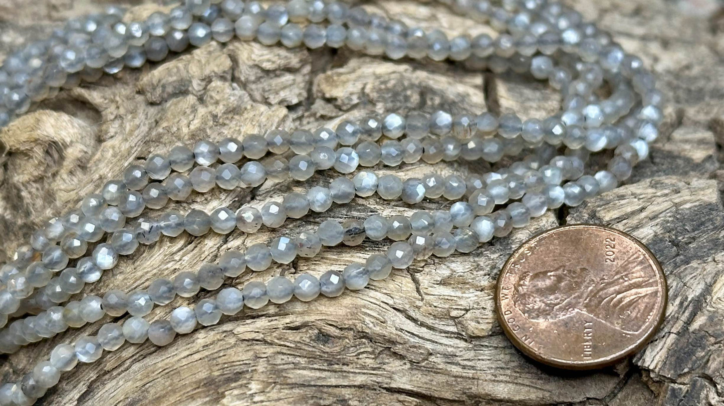 Grey Moonstone Bead Strand - Faceted Rounds - 3mm - 12.5”