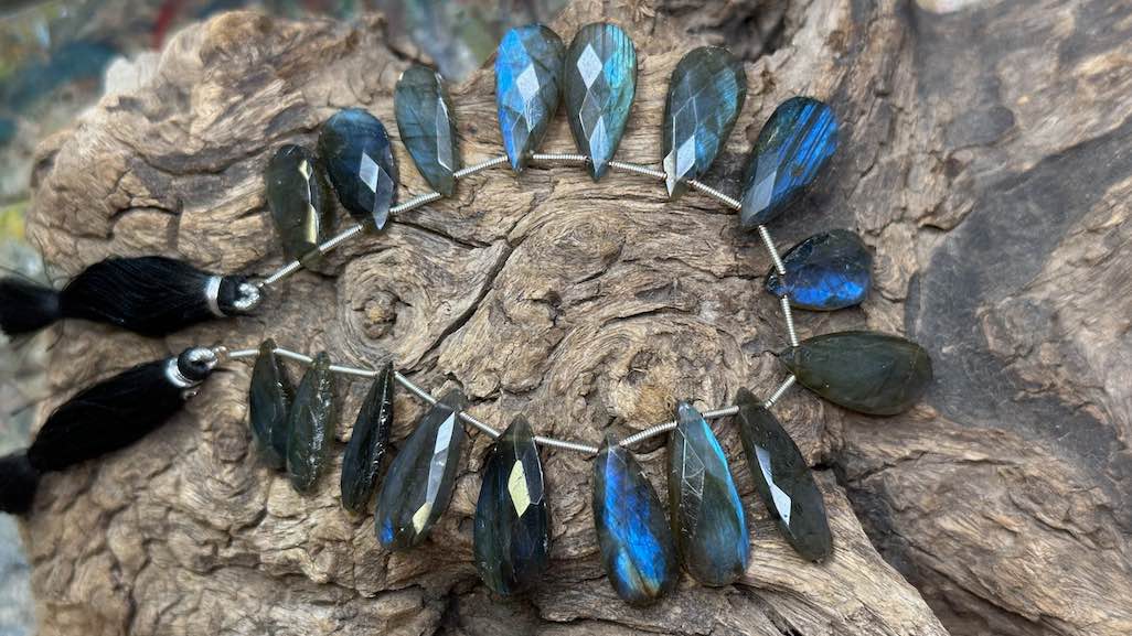 Labradorite Bead Strand - Graduated Faceted Drops - 10mm x 20mm - 12mm x 27mm — 8”