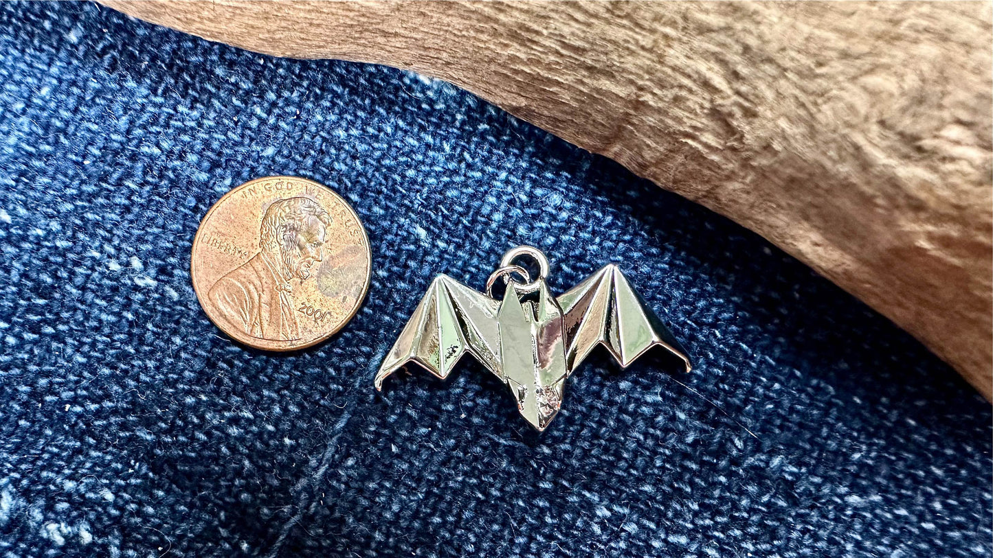 Silver Plated Brass Charm/Pendant - 32mm x 20mm - Origami Bat