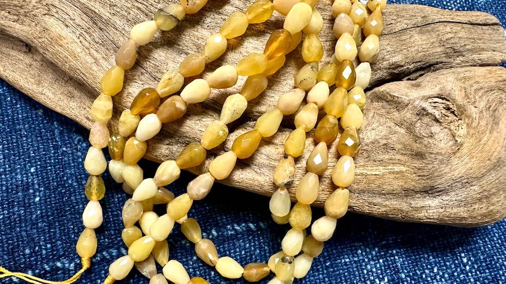 Yellow Opal Bead Strand - Faceted Drops - 8mm x 5mm - 14”