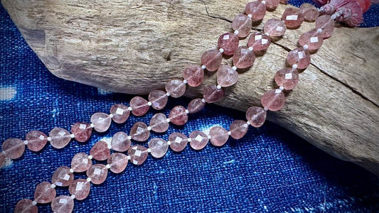 Natural Strawberry Quartz Bead Strand - Faceted Hearts - 10mm - 7.5"