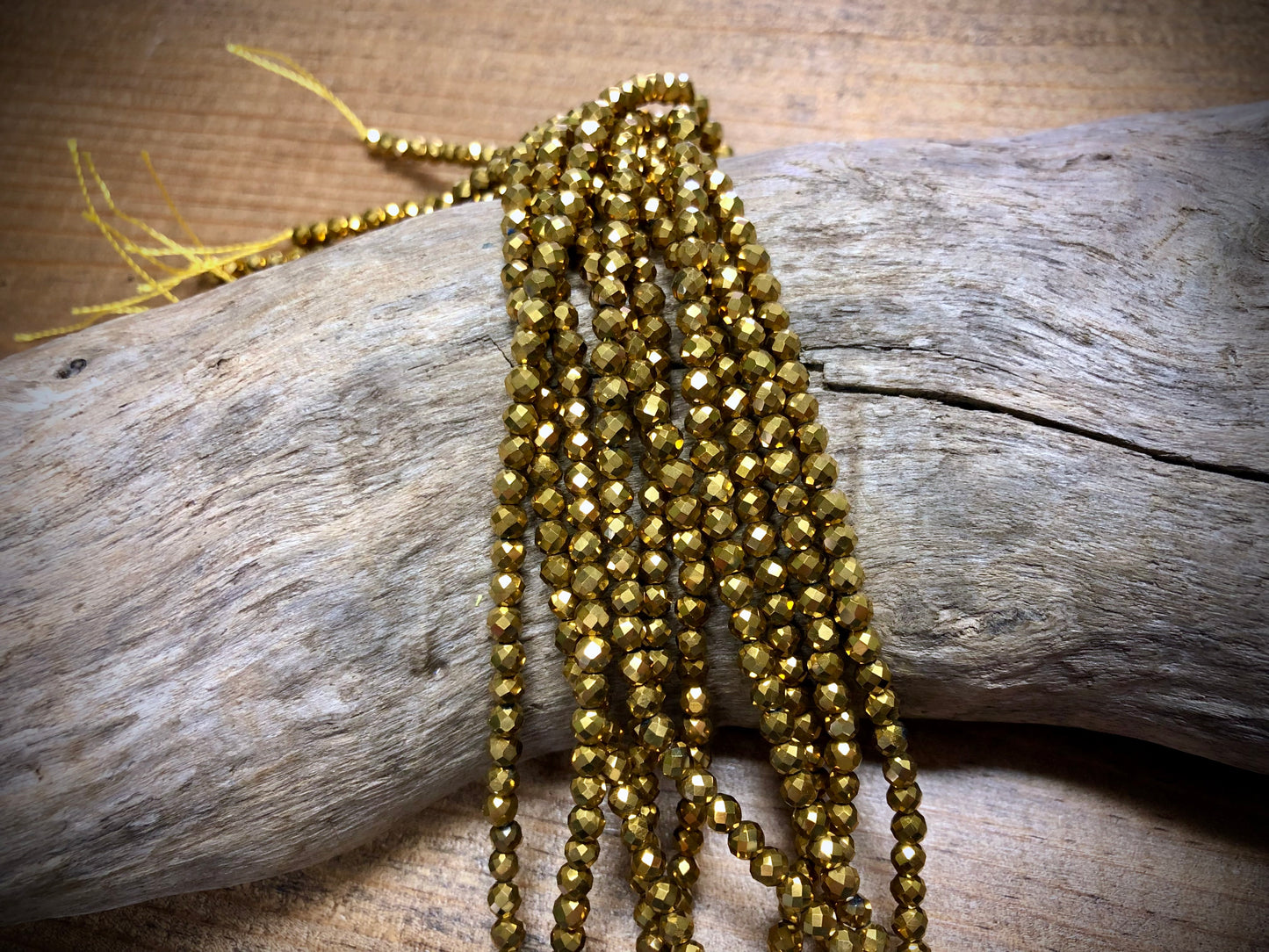 Thunder Polish Glass Faceted Rounds Strand - Yellow Gold - 3mm - 14”