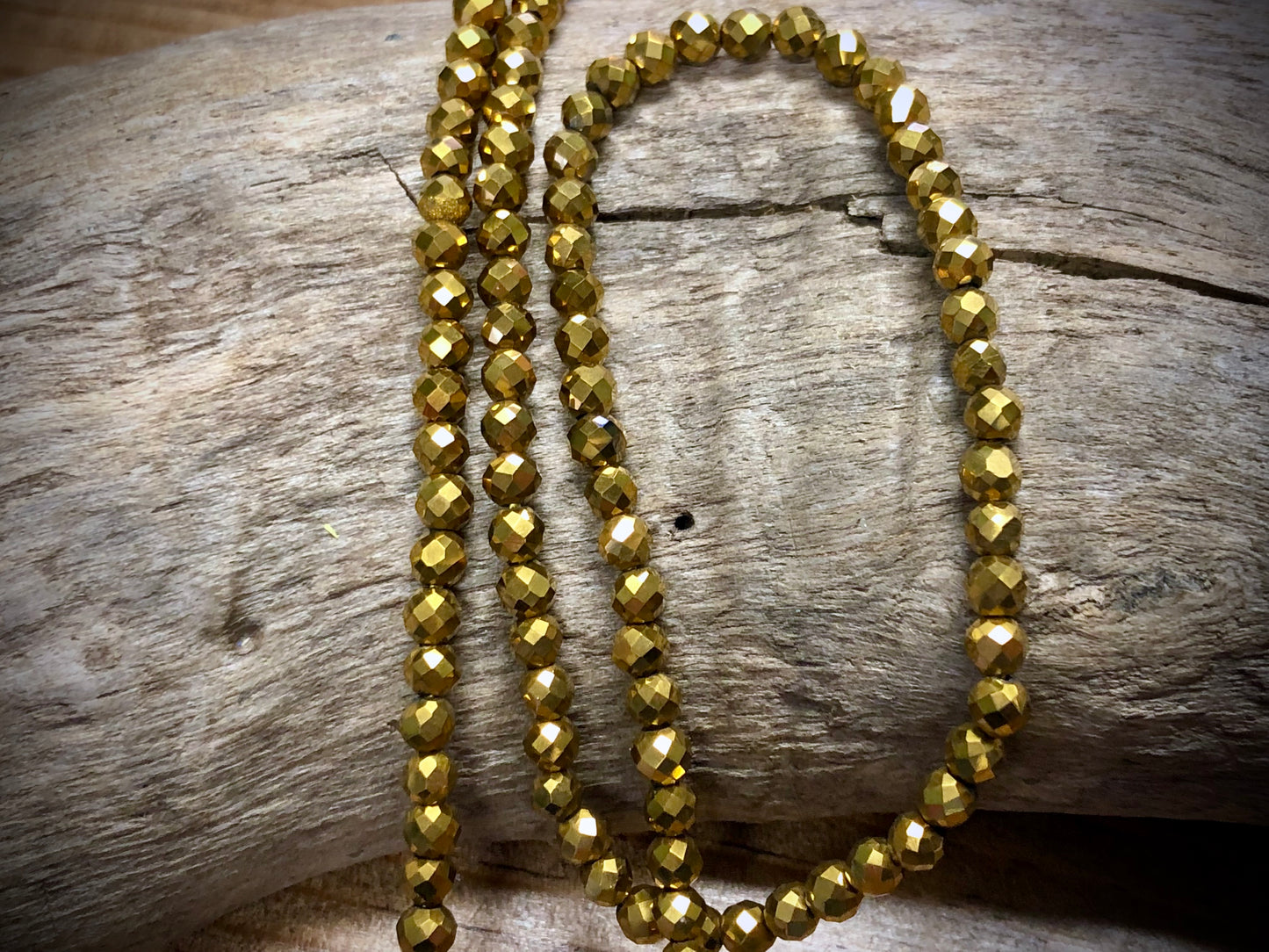 Thunder Polish Glass Faceted Rounds Strand - Yellow Gold - 3mm - 14”