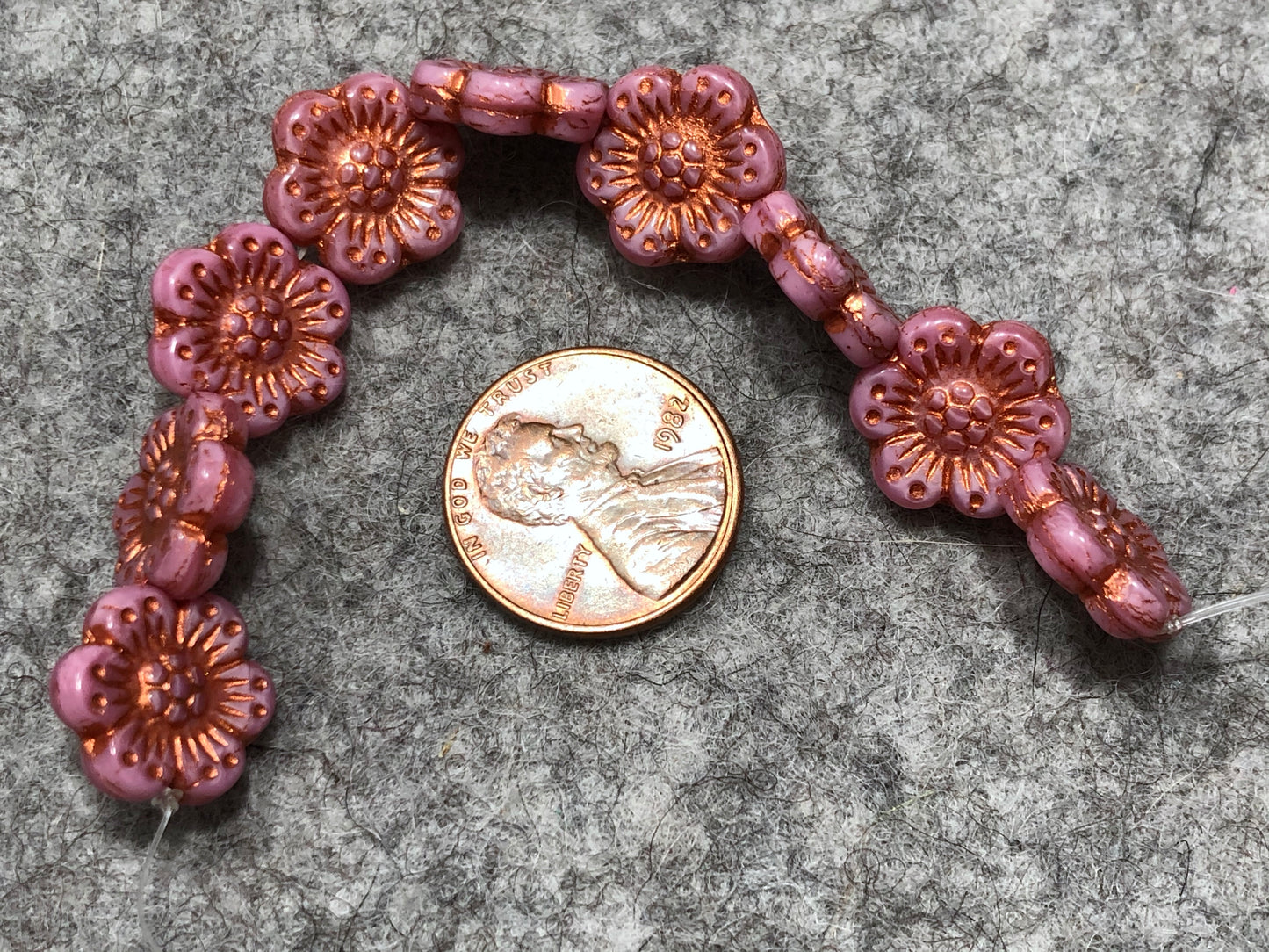 Pink Silk Wild Rose with Copper Wash Pressed Czech Glass Flower Beads